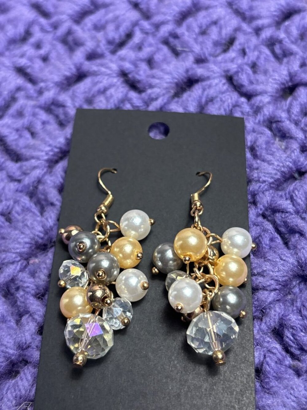 Multicolor Faux Pearl Beaded Cluster Dangle Earrings Clear Faceted Glass